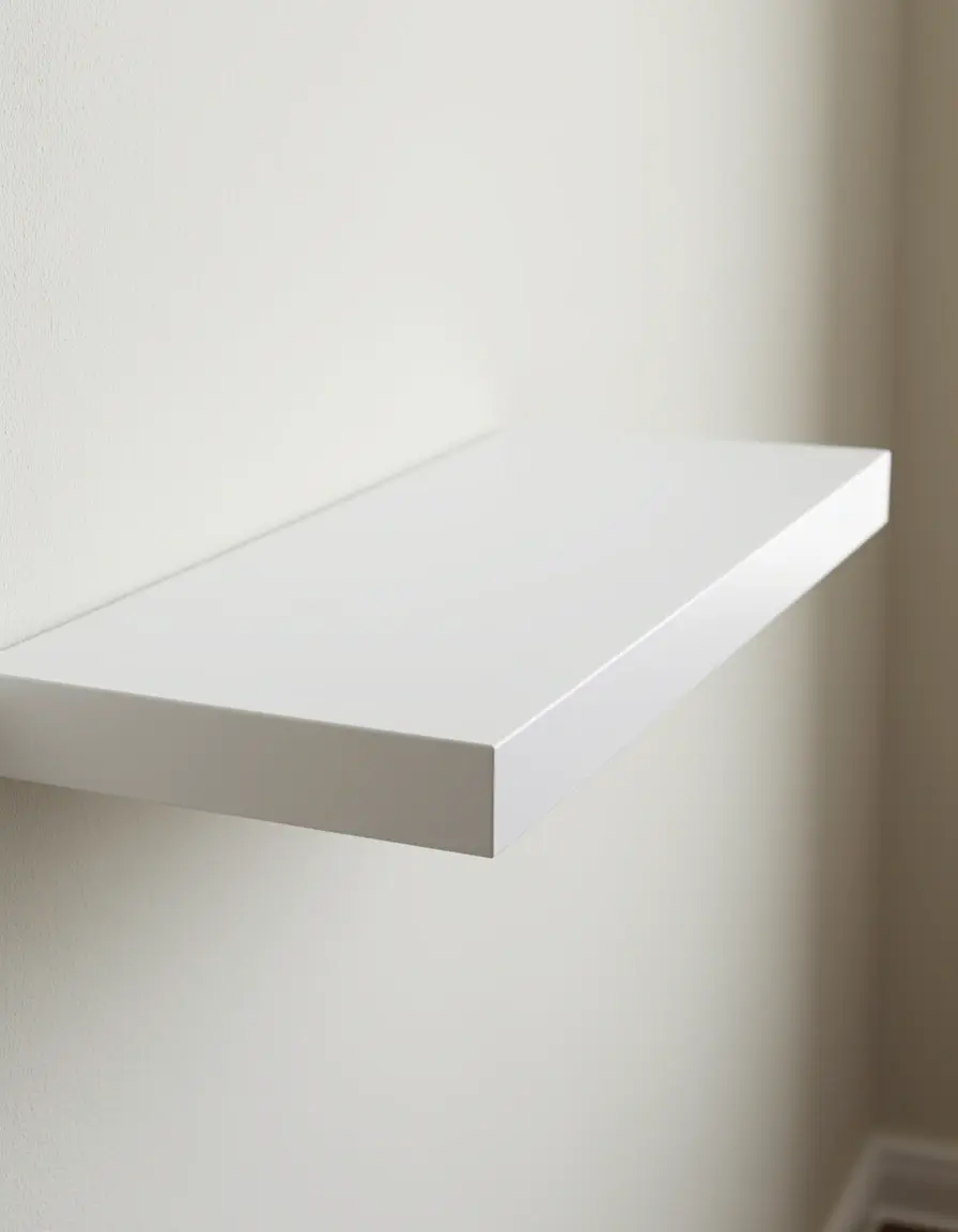 Estante flotante blanco minimalista instalado en pared de cocina