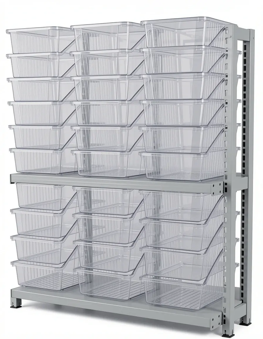 Contenedores de plástico transparente apilables en un estante de cocina