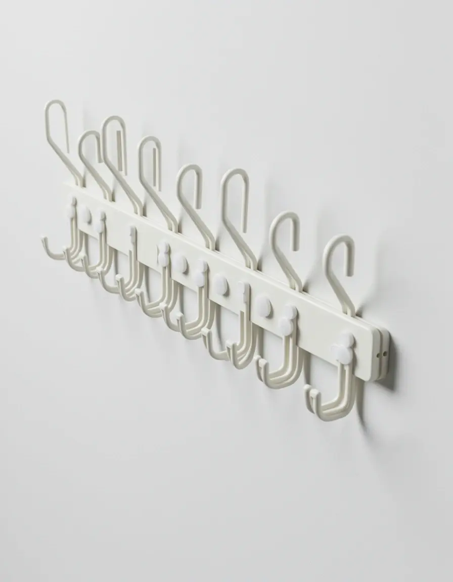 Tira de ganchos adhesivos de plástico en una pared blanca de cocina