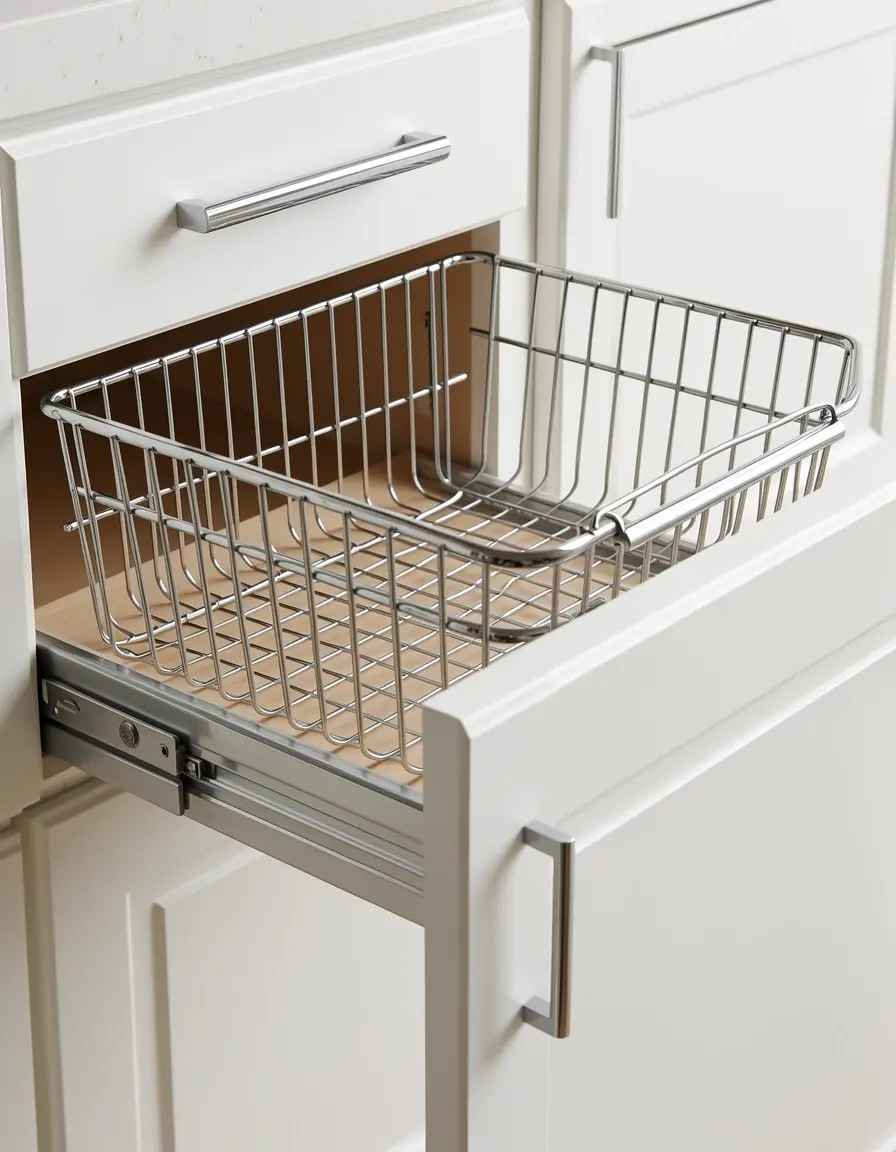Cajón de rejilla metálica extraíble instalado dentro de un armario de cocina