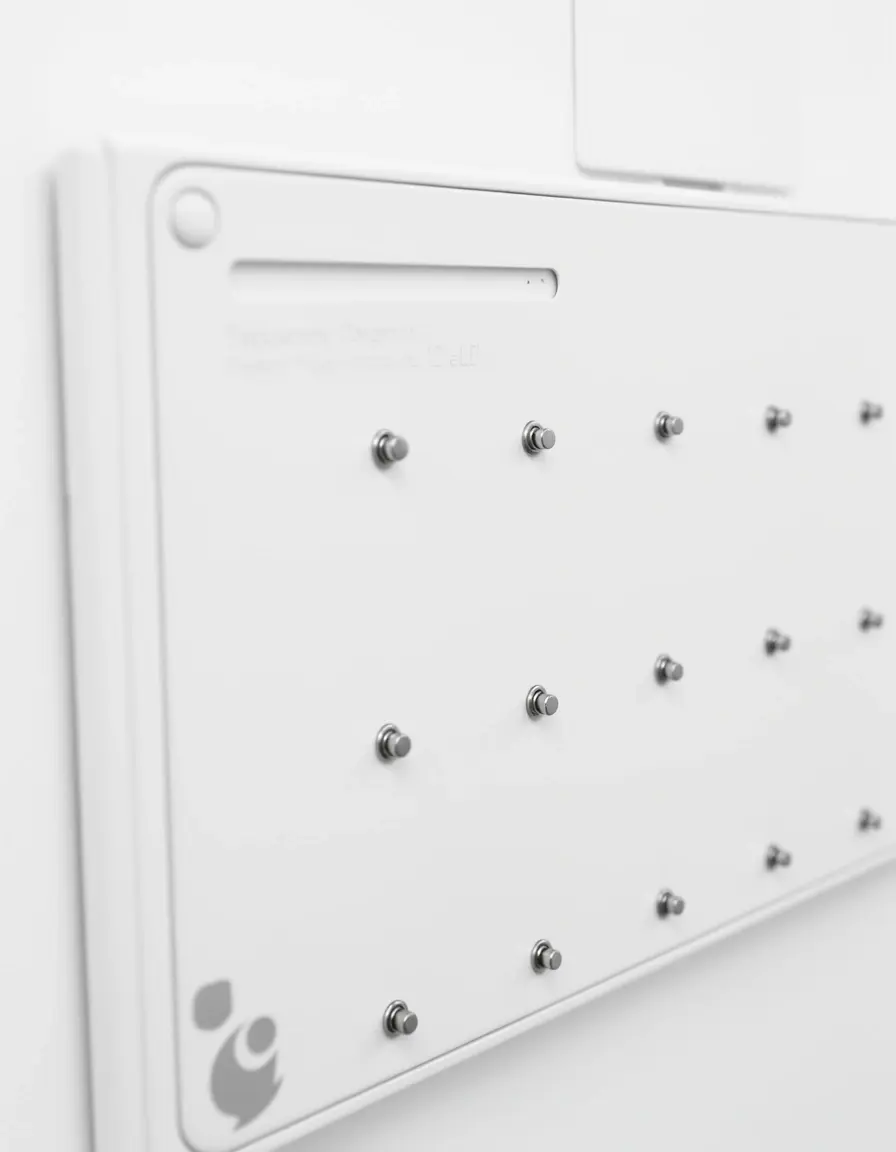 Panel organizador magnético blanco adherido a la superficie lateral de una nevera