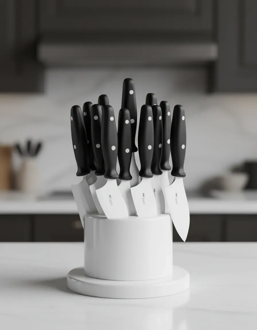 Set de cuchillos de cerámica blanca con soporte negro en cocina moderna