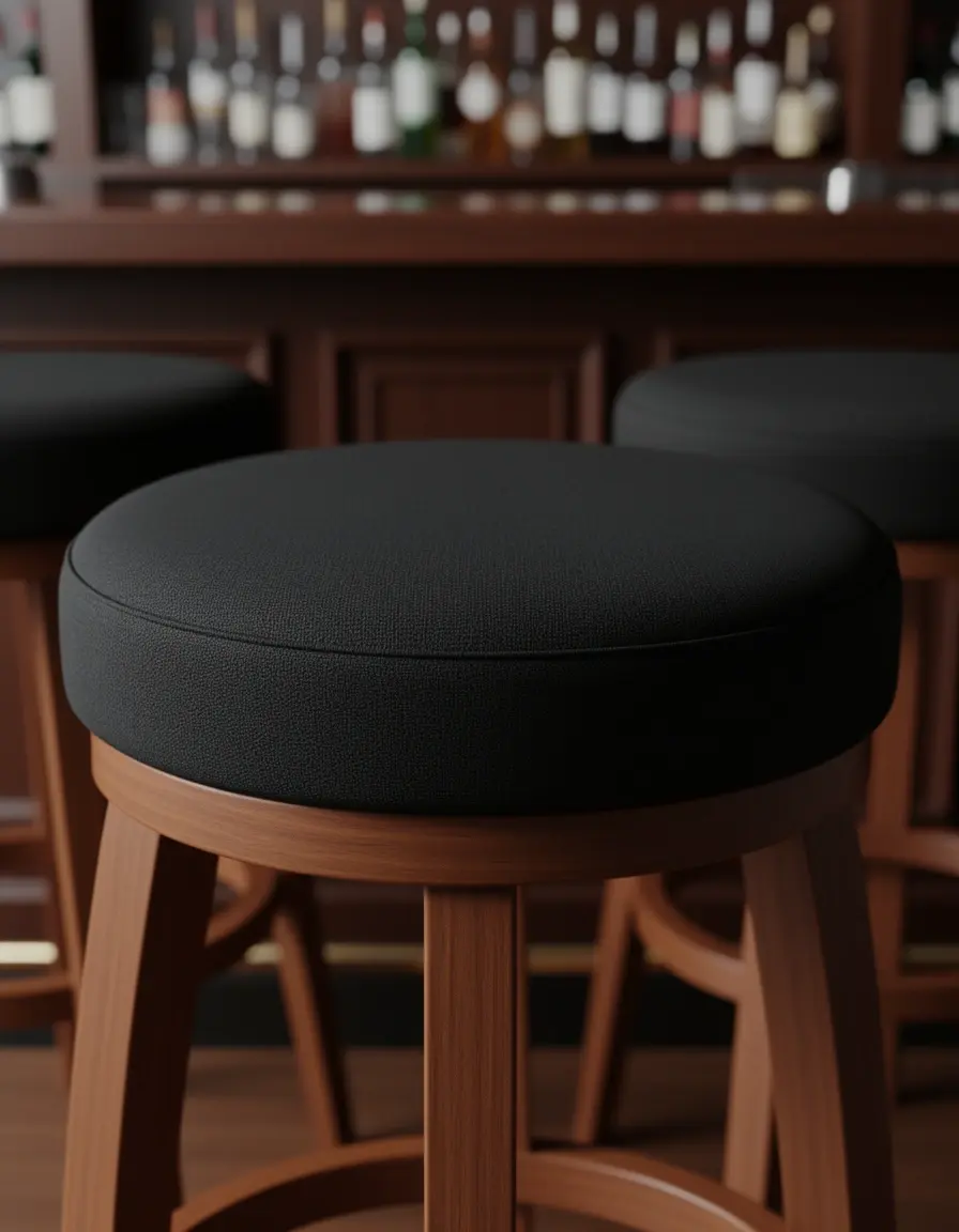 Cojines negros redondos para taburetes de bar en cocina con península