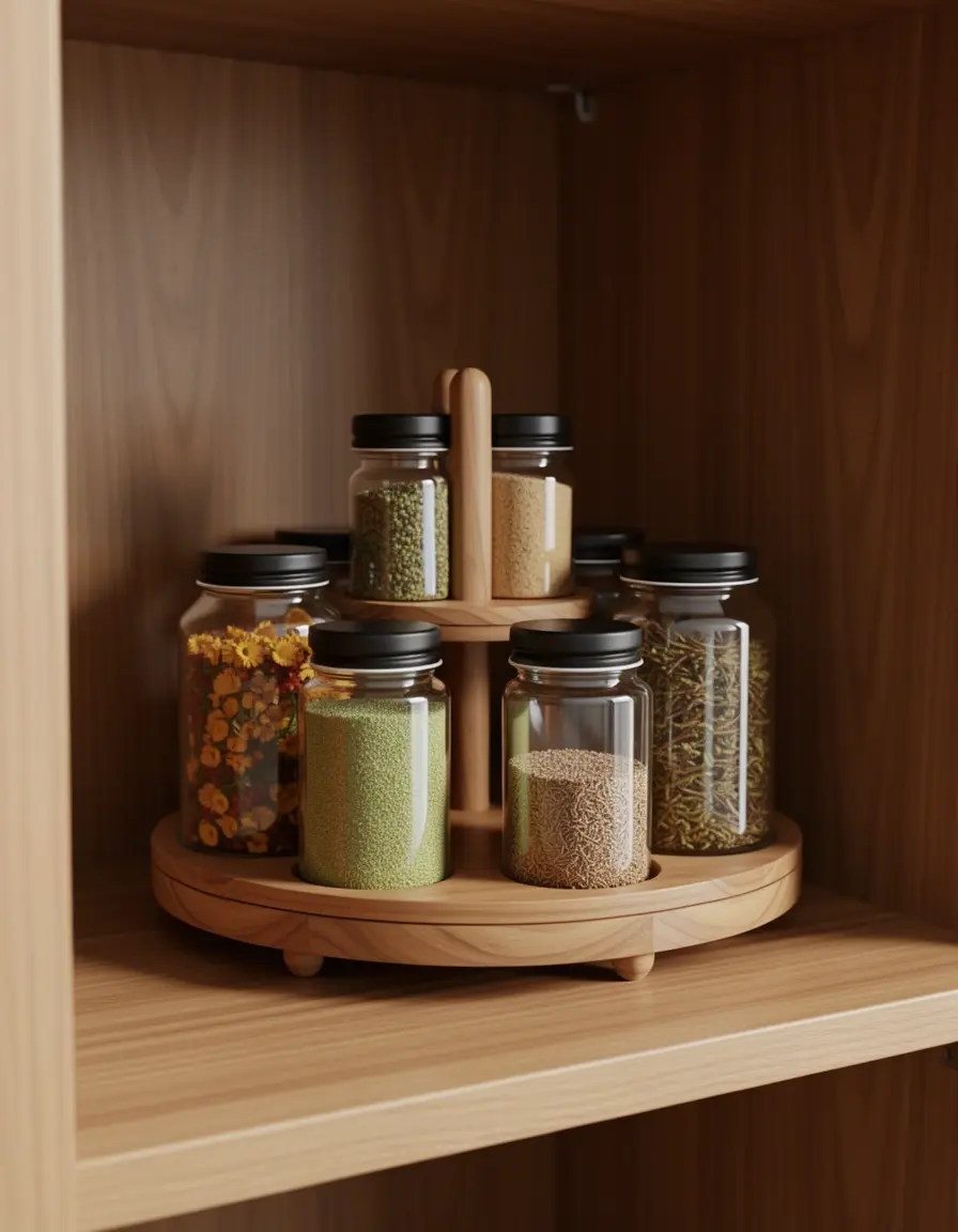 Plataforma giratoria Lazy Susan de madera para especias en armario
