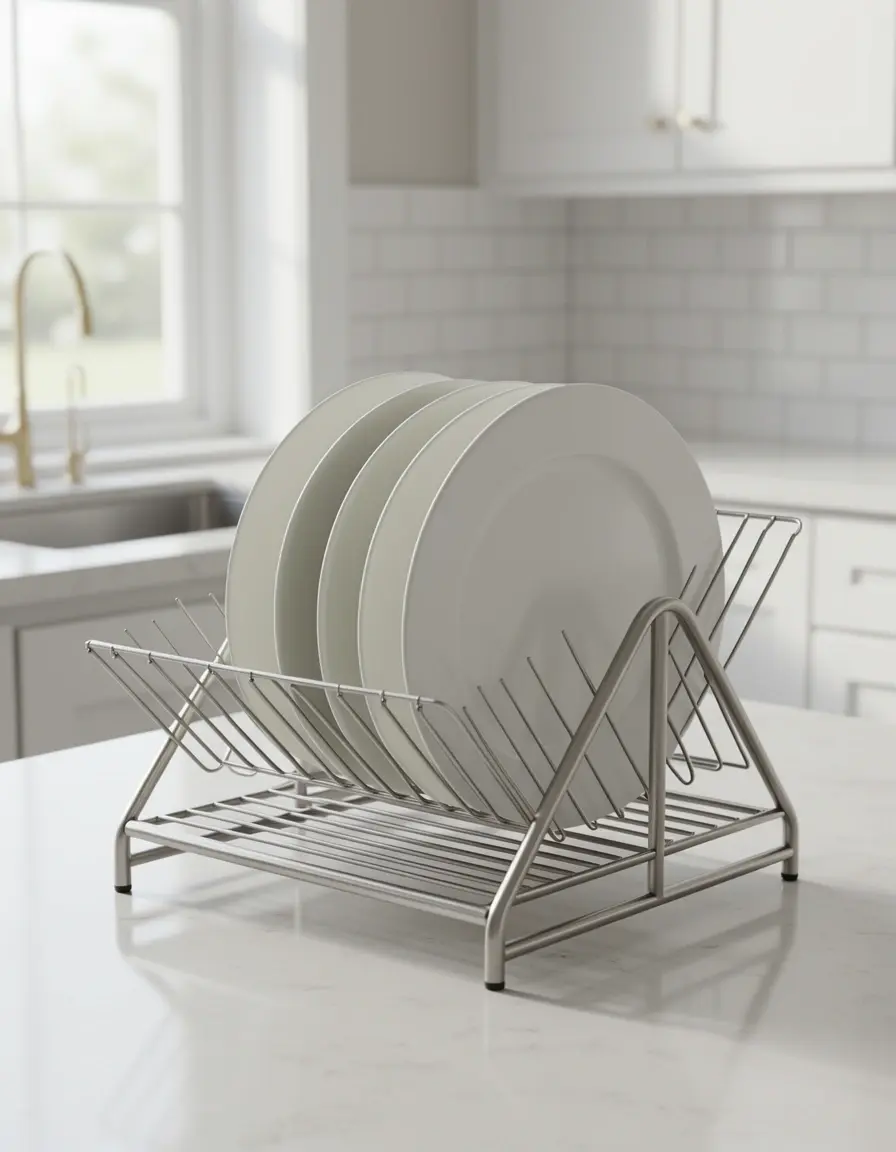 Escurridor de platos compacto de acero inoxidable en cocina moderna