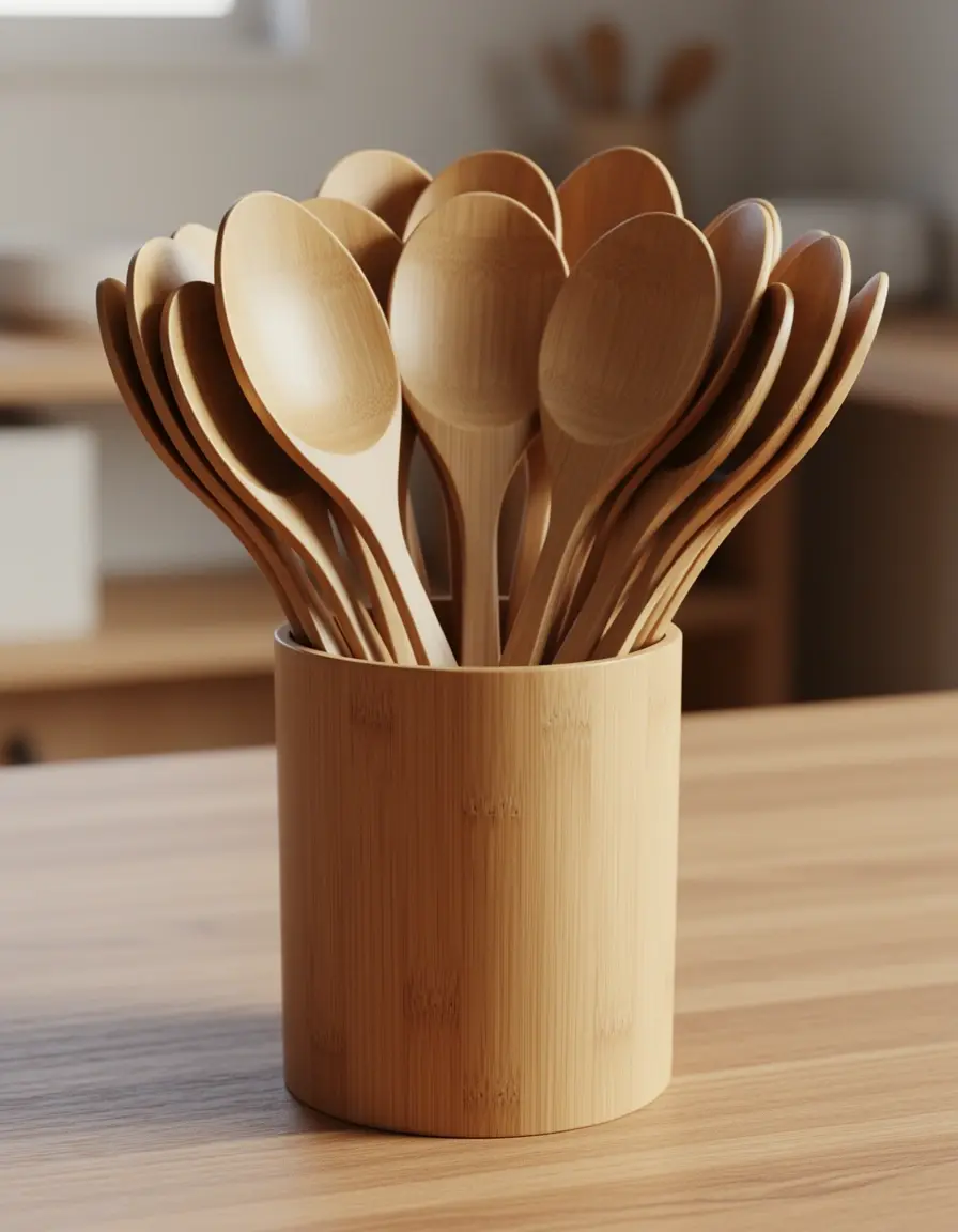 Set de cucharas de madera de bambú en soporte para cocinas de madera