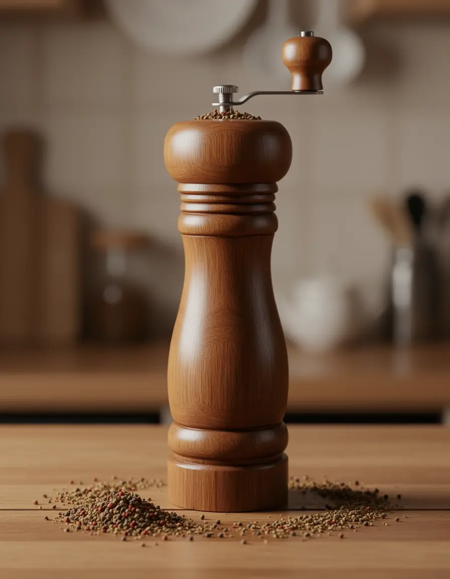 Molinillo de pimienta de madera alto en acción