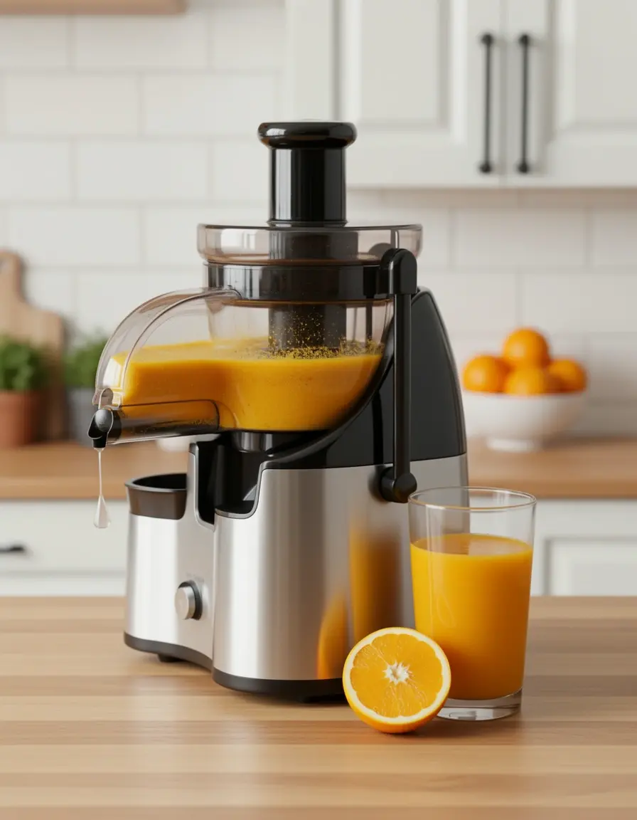 Centrifugal juicer machine extracting fresh orange juice