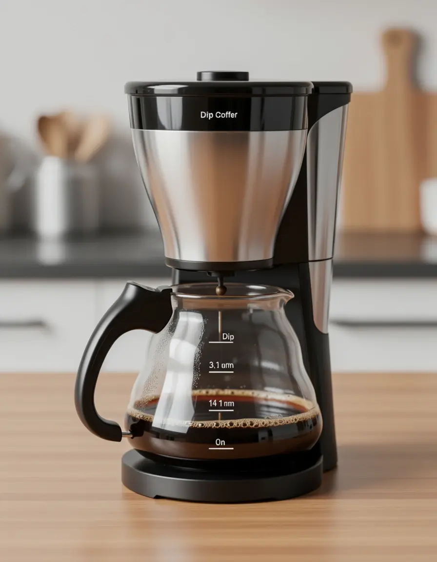 Drip coffee maker brewing fresh coffee into a glass carafe