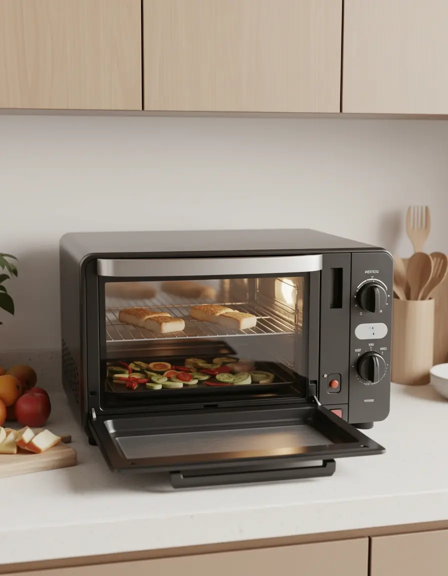Compact countertop toaster oven with baking tray