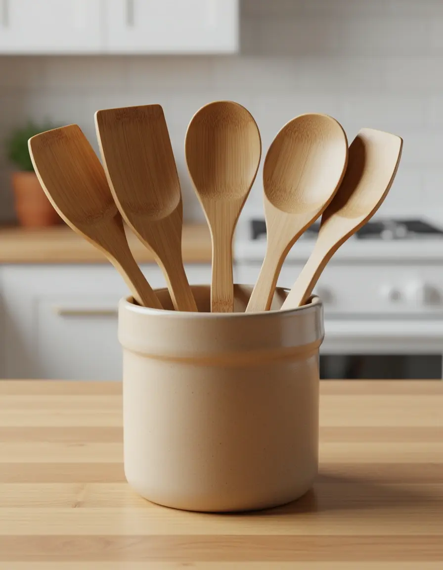 Set de utensilios de cocina de bambú ecológico en un soporte