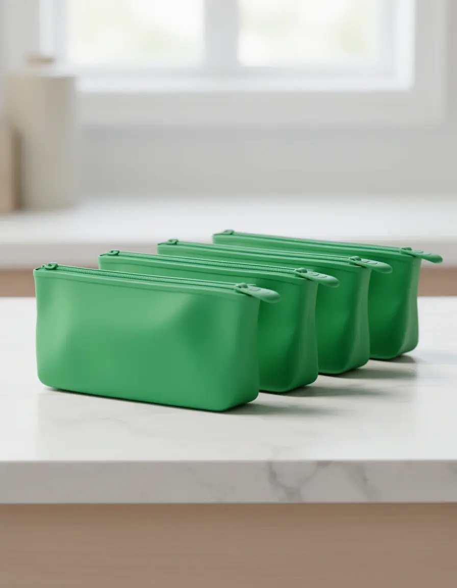 Bolsas de silicona reutilizables color verde para almacenar alimentos