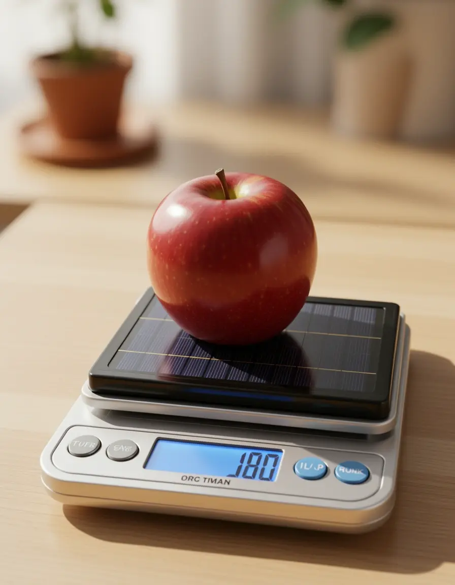 Báscula de cocina digital con panel solar pesando una manzana