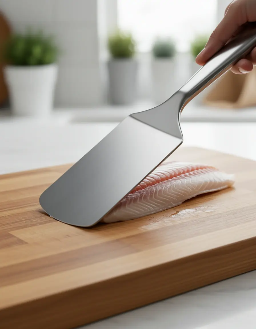 Espátula de pescado ancha y ranurada dando la vuelta a un filete