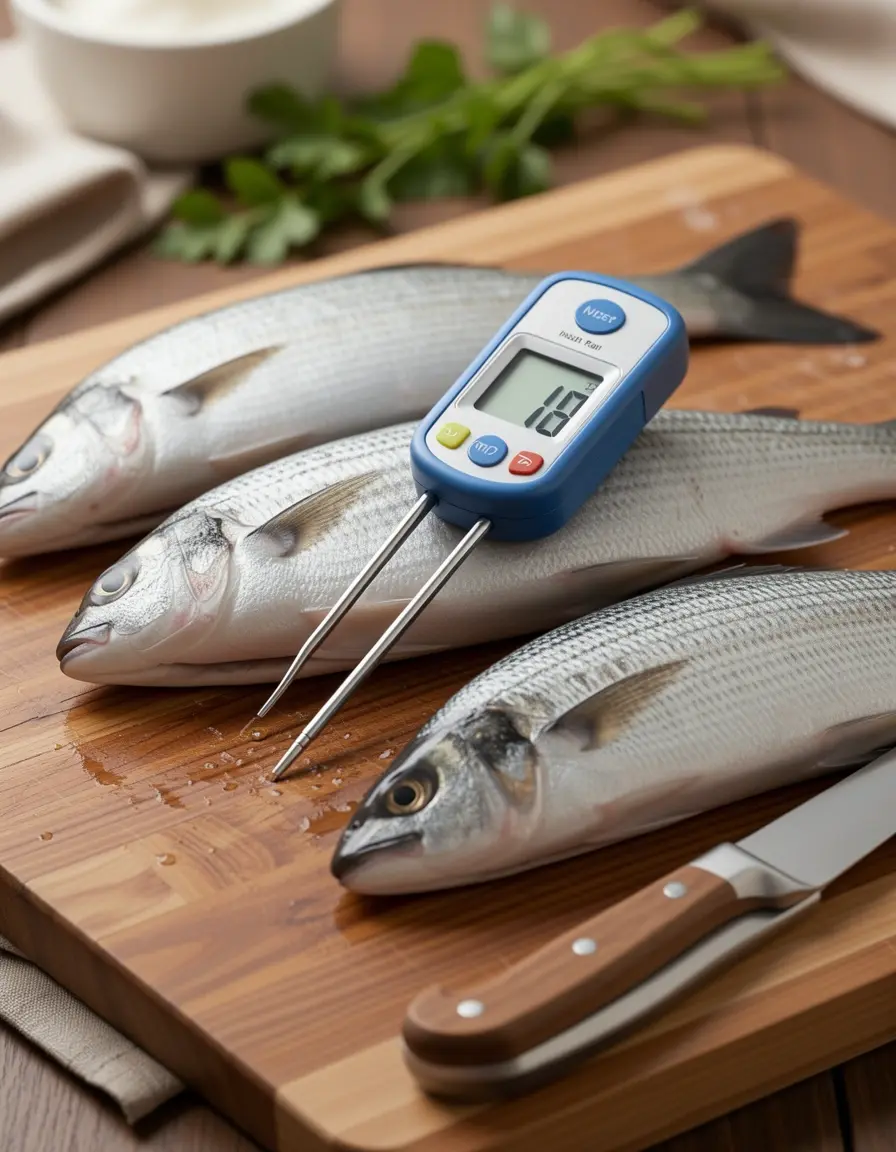 Termómetro digital de lectura rápida insertado en un filete de pescado