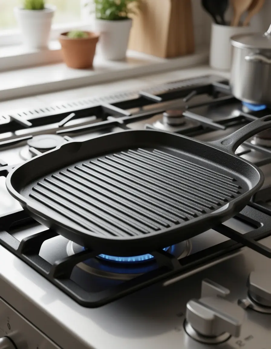 Sartén grill de hierro fundido con surcos sobre un fogón de cocina