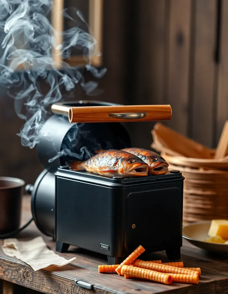 Ahumador portátil de alimentos llenando de humo una campana con pescado