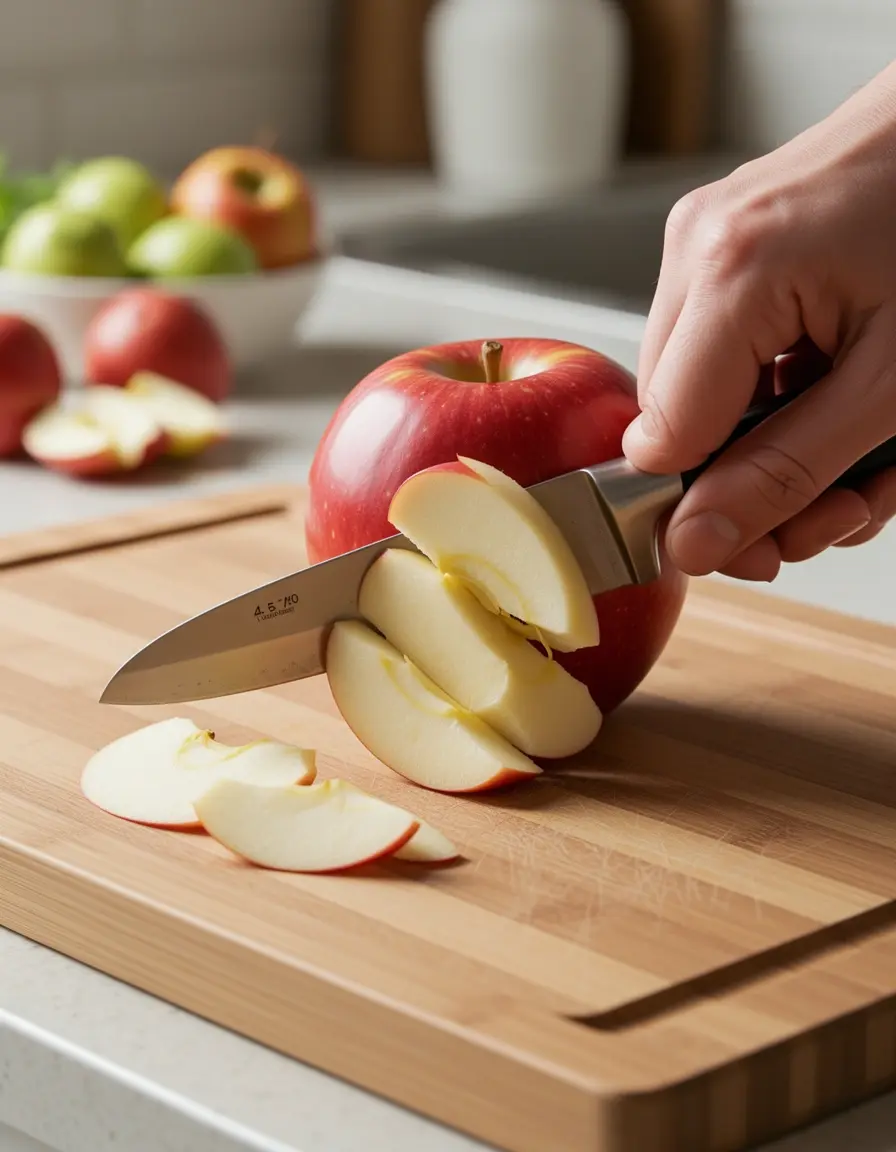 Cuchillo puntilla pelando una manzana con precisión