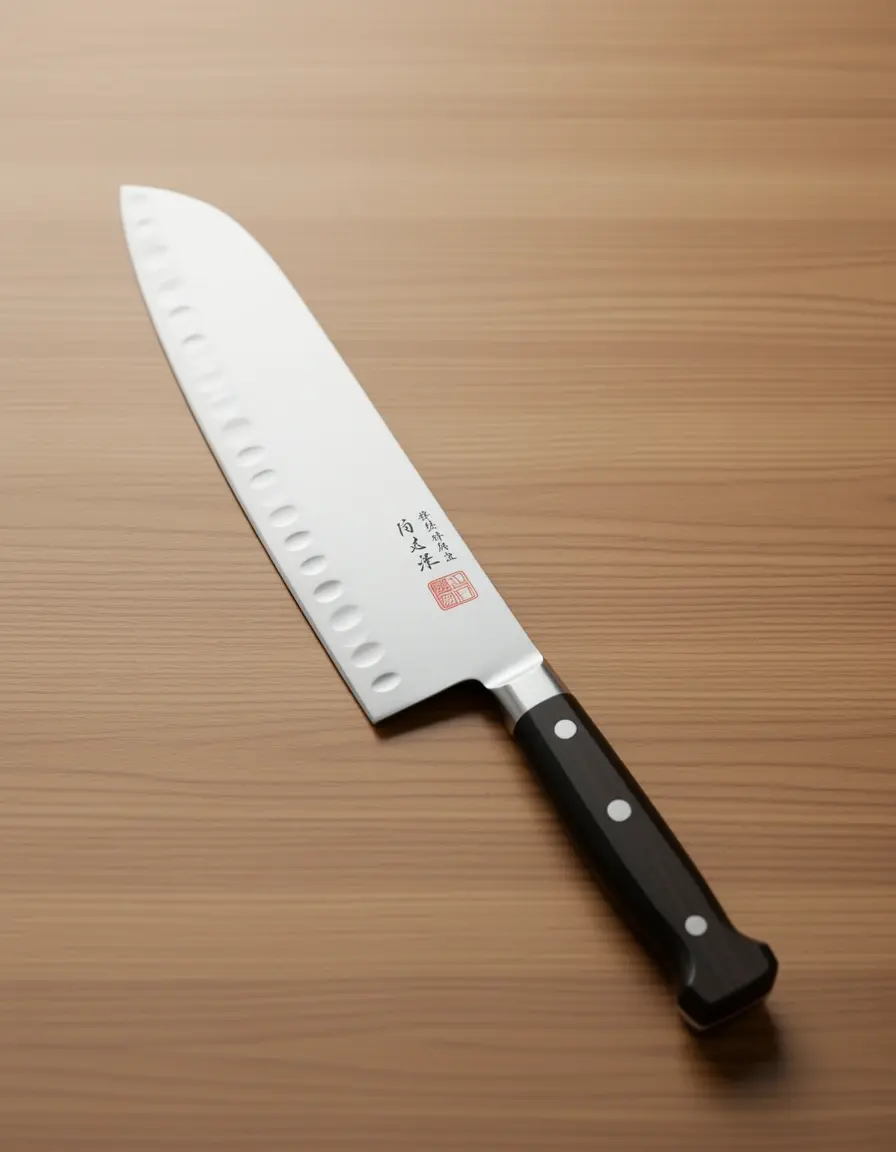 Cuchillo Santoku de estilo japonés con alveolos en la hoja