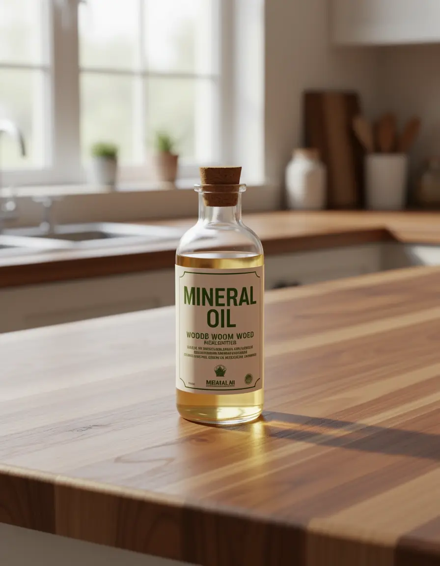 Botella de aceite mineral para el cuidado de encimeras de madera