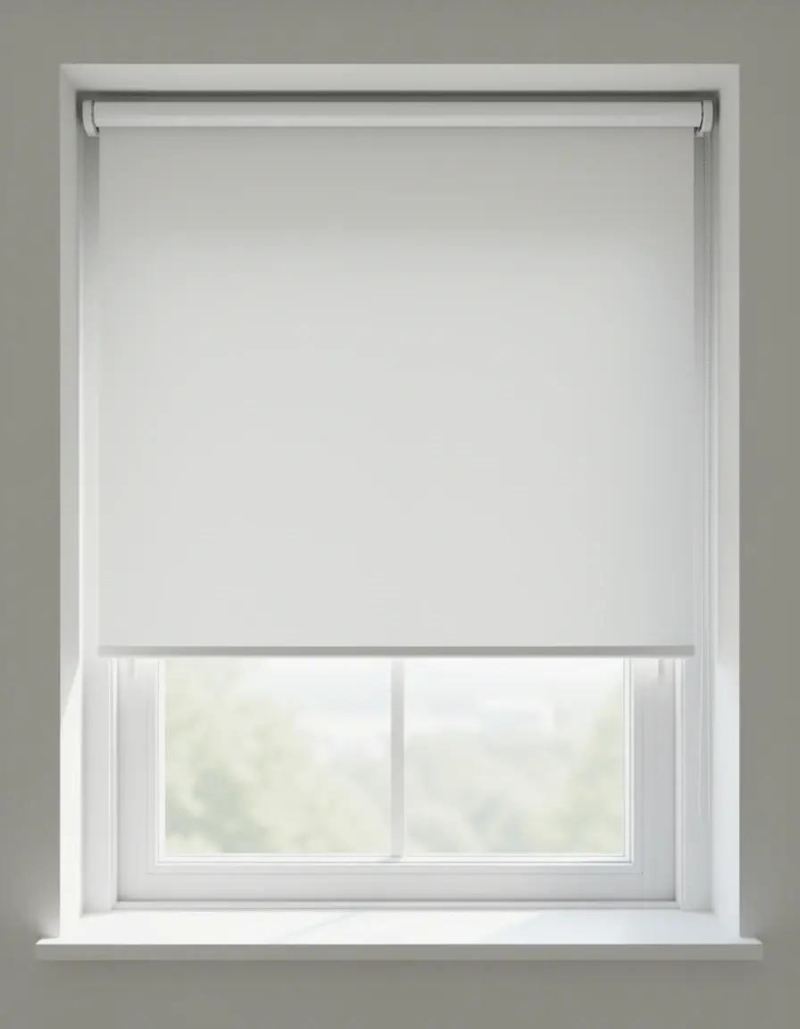 Estor cocina enrollable blanco minimalista en ventana iluminada