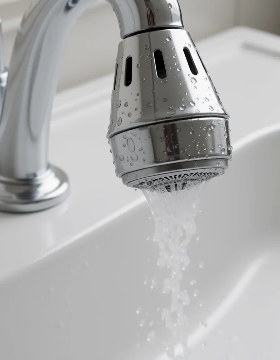 Aireador de grifo cromado para ahorro de agua instalado en grifo pared cocina