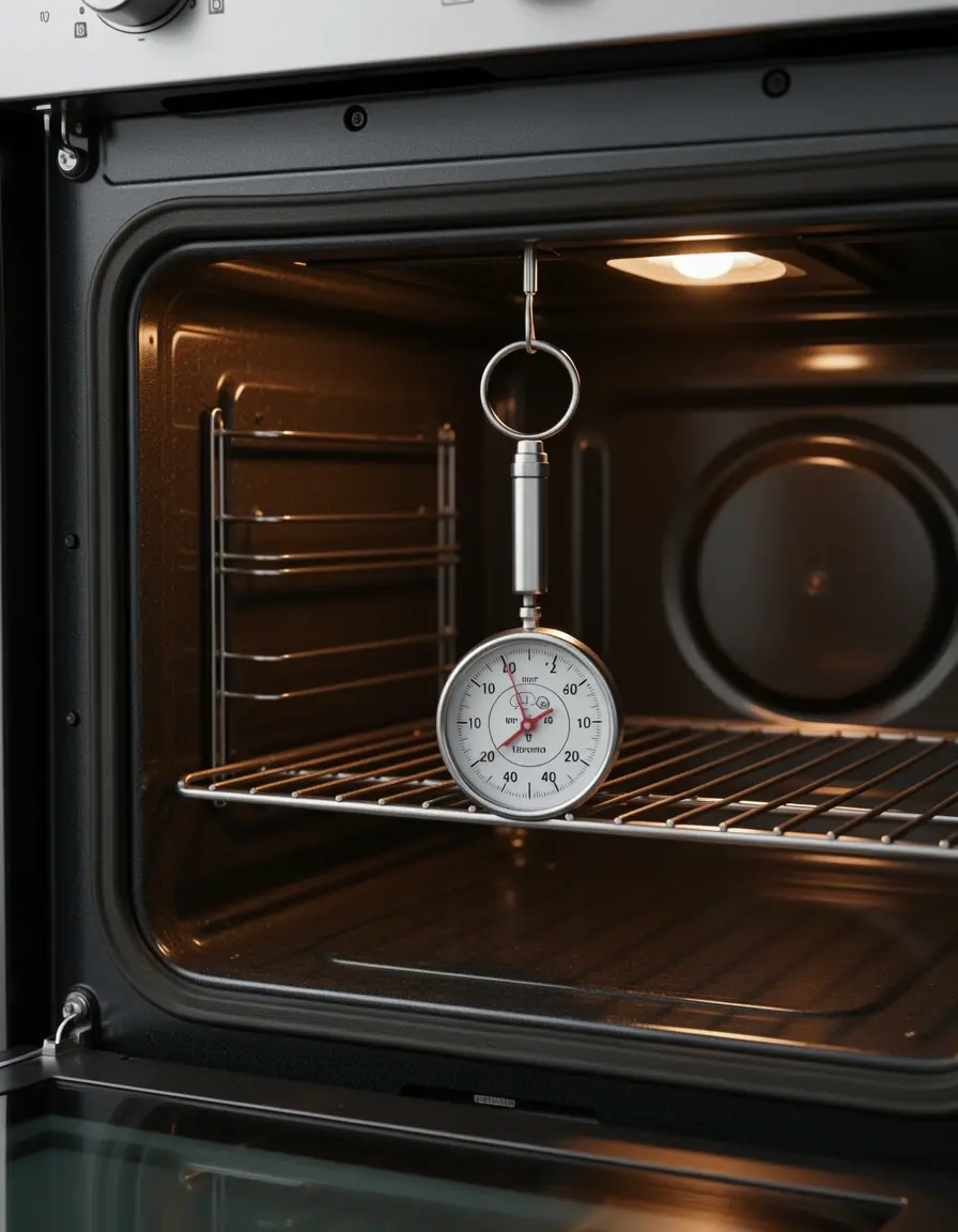 Termómetro de horno analógico colgando de una rejilla interna