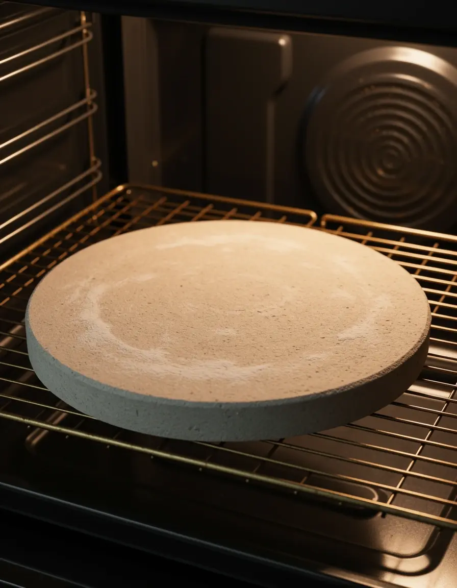 Piedra circular para hornear pizza sobre la rejilla del horno