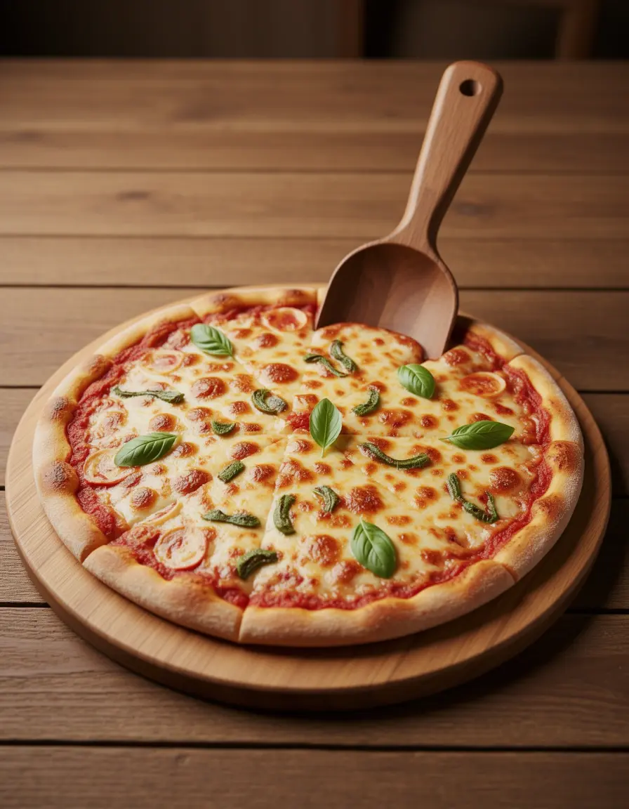Pala de madera para pizza con una pizza recién horneada