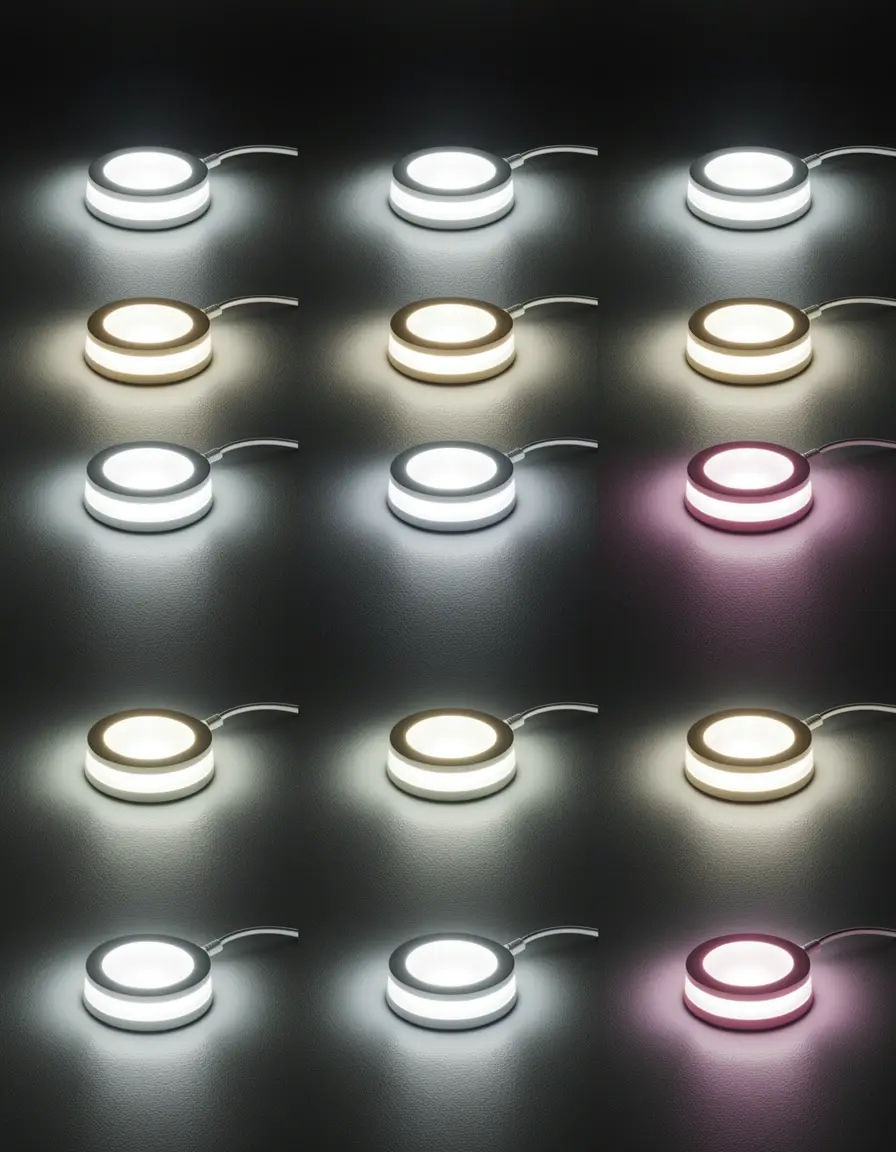 Set de luces LED tipo puck inalámbricas instaladas bajo un armario