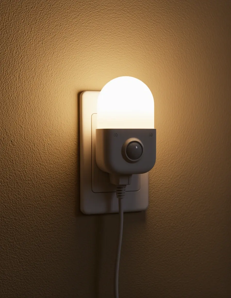 Luz nocturna LED con sensor de movimiento enchufada en la pared de una cocina