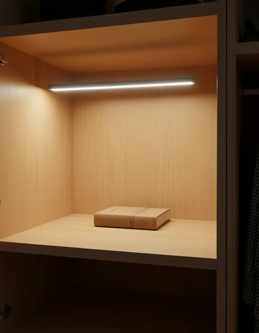 Barra de luz LED delgada instalada dentro de un armario de cocina iluminando platos