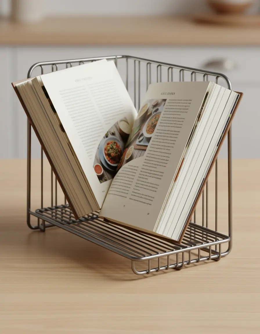 Soporte metálico para libros de cocina abierto en encimera