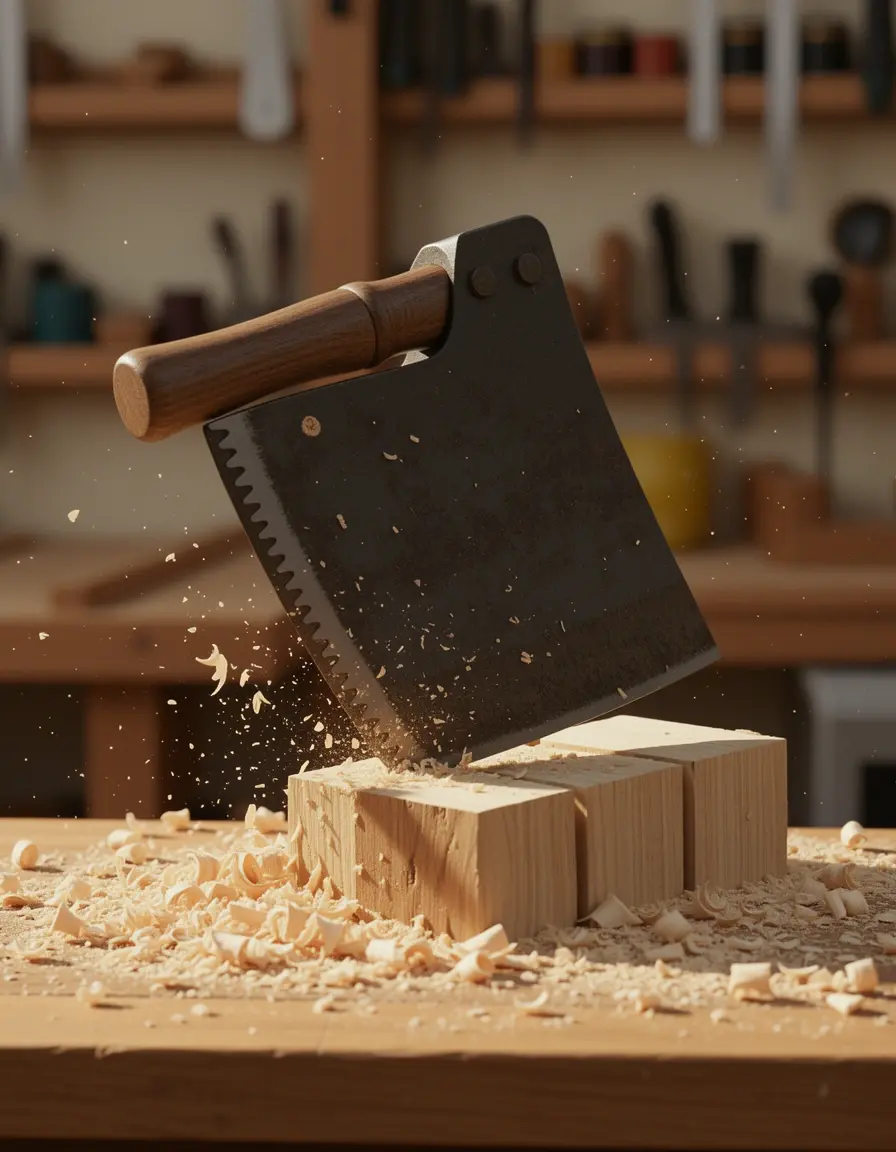 Cuchillo pesado tipo hacha para cortar sobre bloque de madera