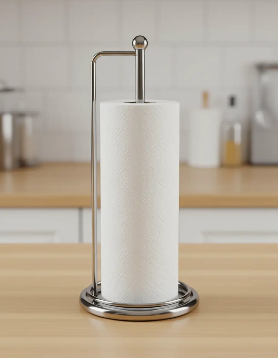 Soporte metálico vertical para rollo de papel de cocina en una encimera moderna