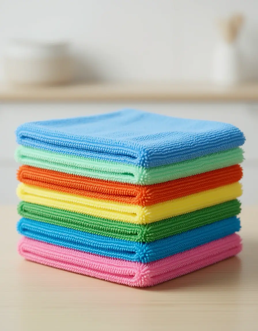 Pila de paños de microfibra coloridos para limpieza de cocina