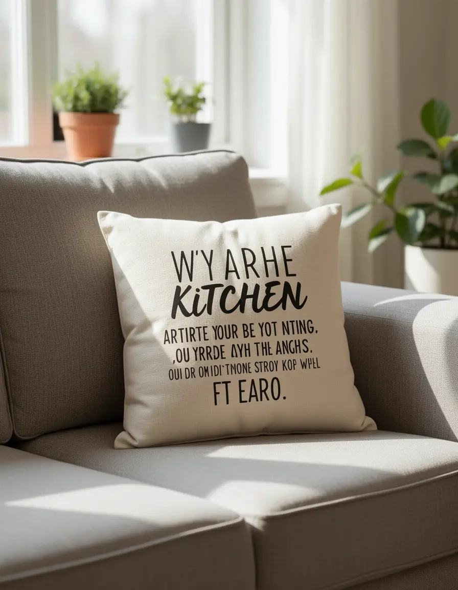 Cojín decorativo con frase culinaria para sofá en salon cocina