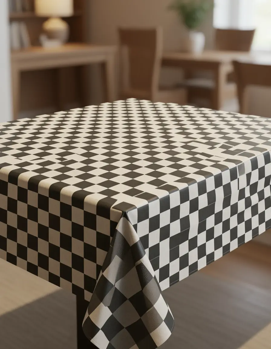 Mantel de vinilo de cuadros en una mesa de comedor de madera