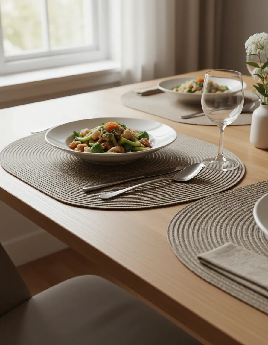 Set de manteles individuales de vinilo trenzado sobre una mesa moderna