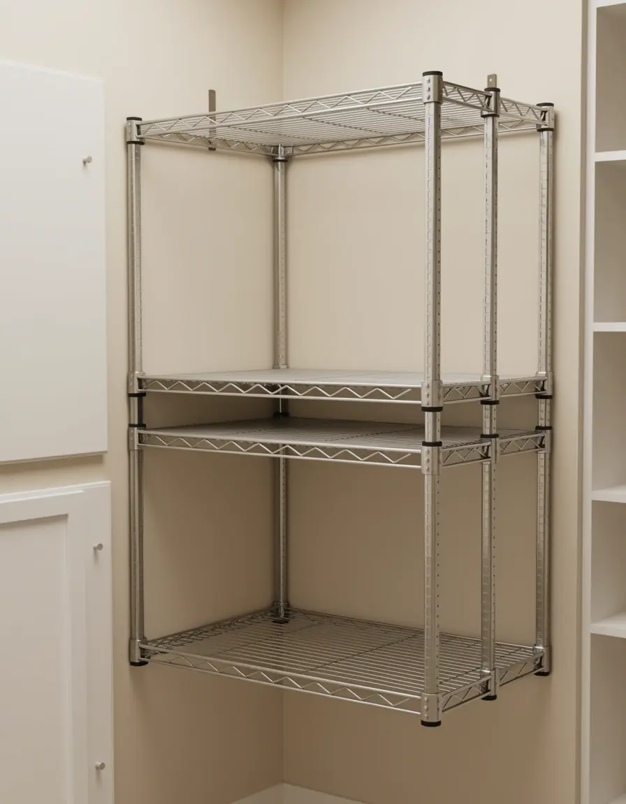Estante metálico expandible dentro de un armario de cocina organizado