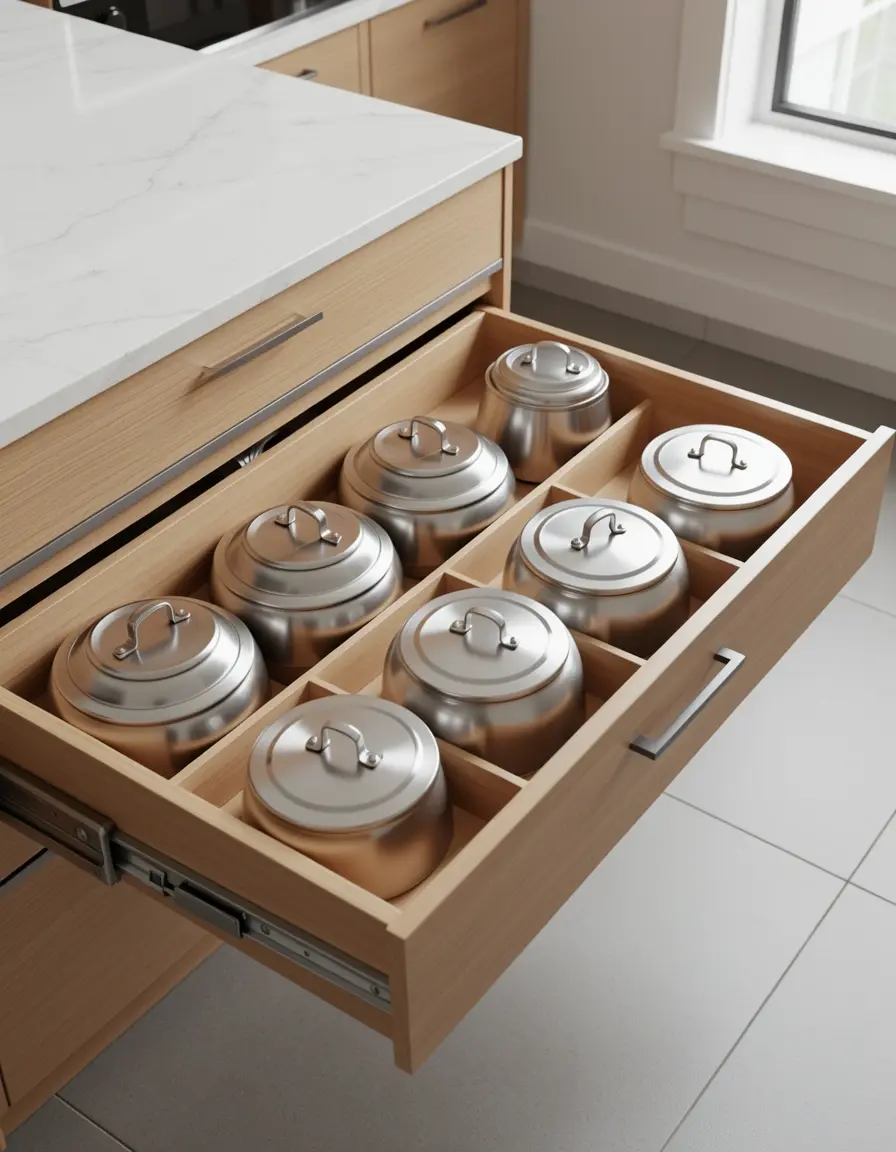 Cajón extraíble metálico instalado en armario bajo de cocina