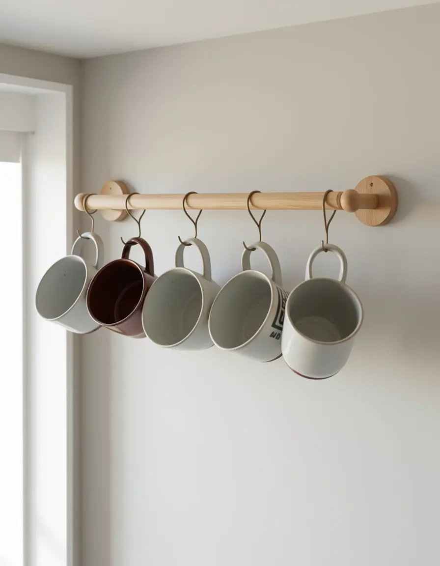 Barra de tensión colgante para tazas y utensilios