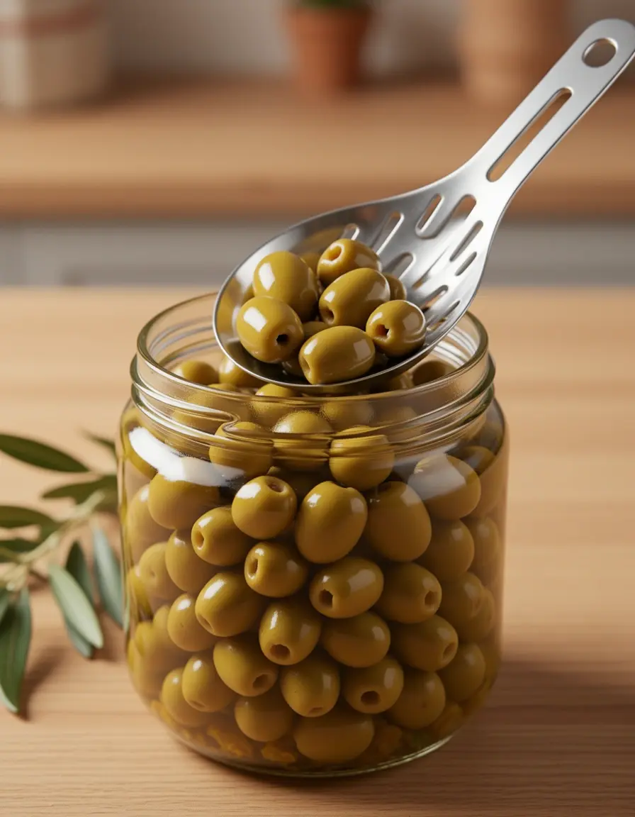 Cuchara para aceitunas con ranuras de drenaje