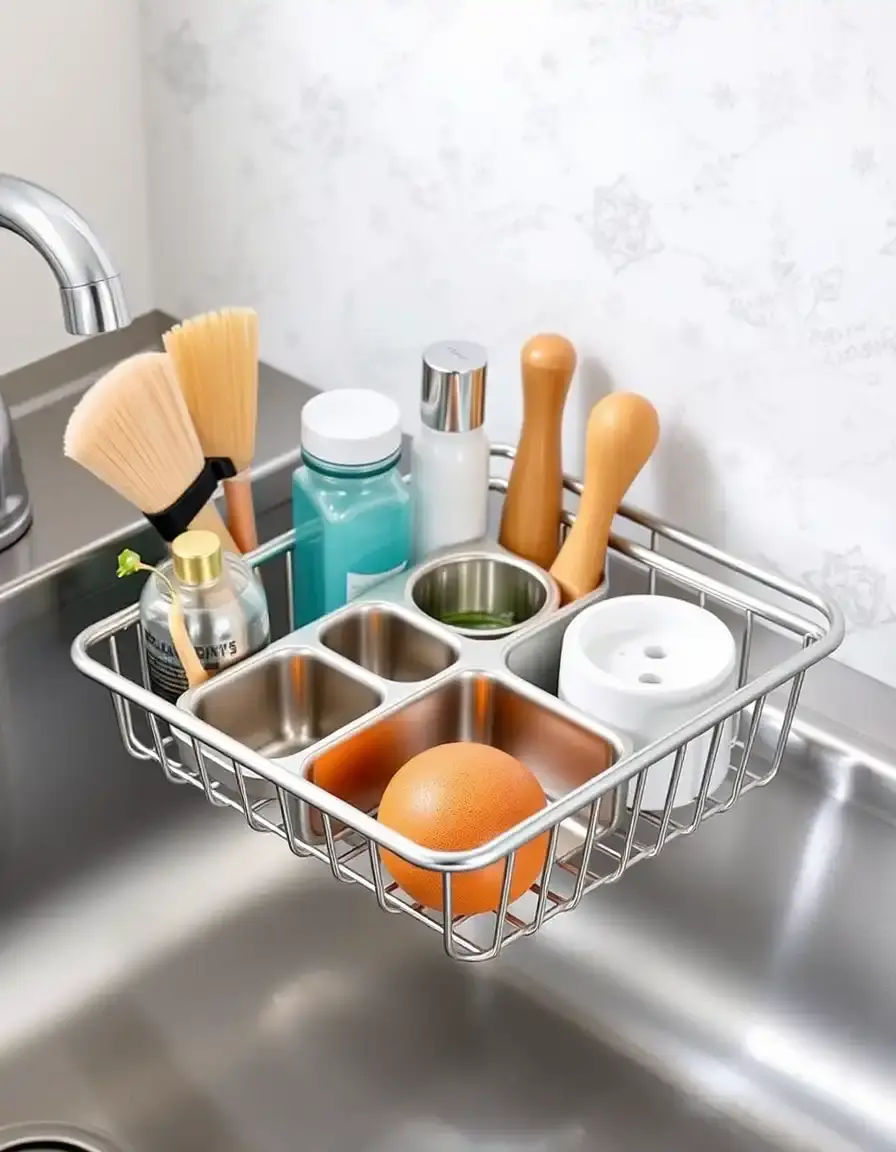 Organizador de fregadero de acero inoxidable con compartimentos para esponjas