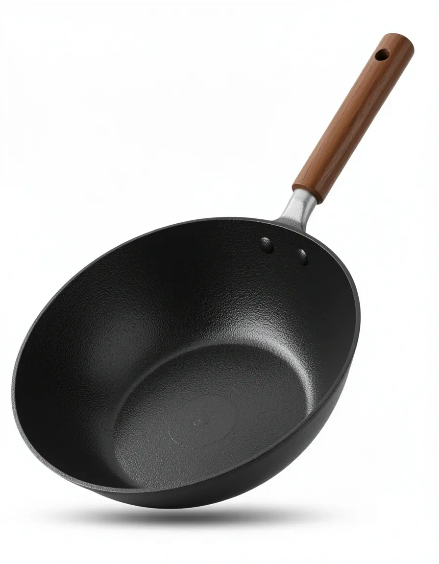 Wok de acero al carbono con mango de madera