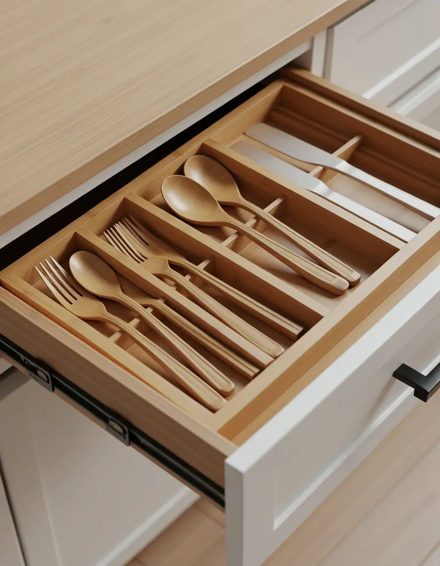Organizador de cajón de bambú para utensilios de cocina