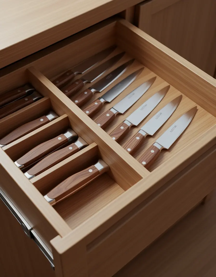 Organizador de madera para cuchillos dentro del cajón que protege el filo y ahorra espacio
