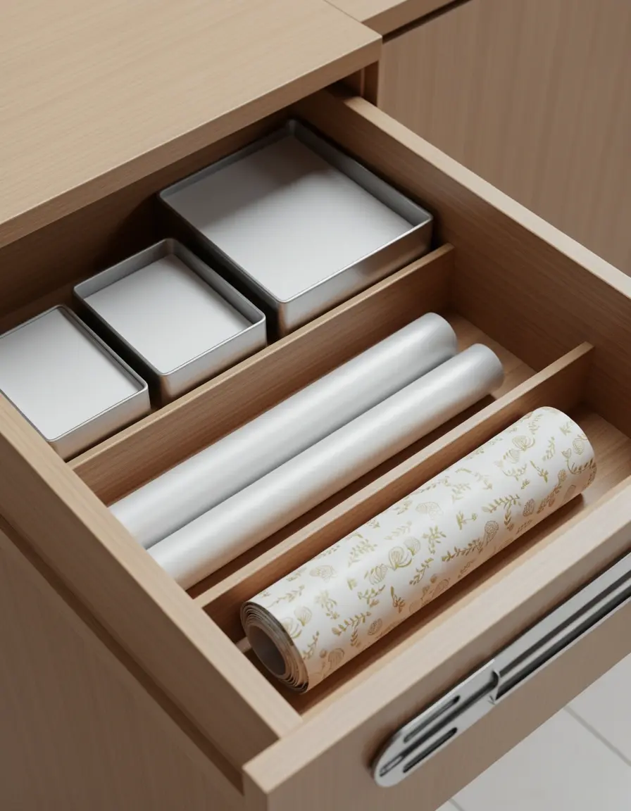 Dispensador de papel de aluminio y film transparente integrado para cajón