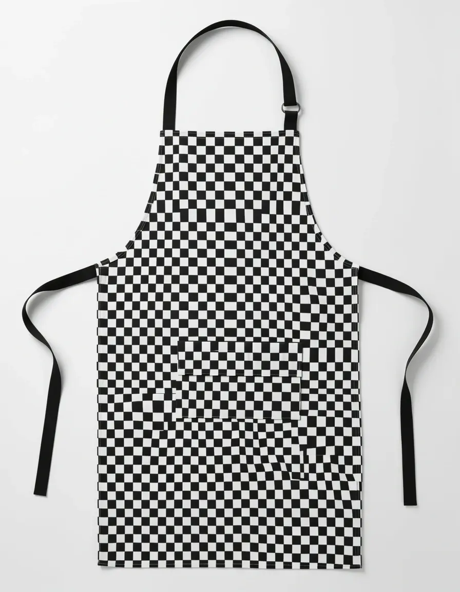 Delantal de cocina con cuadros blancos y negros estilo profesional