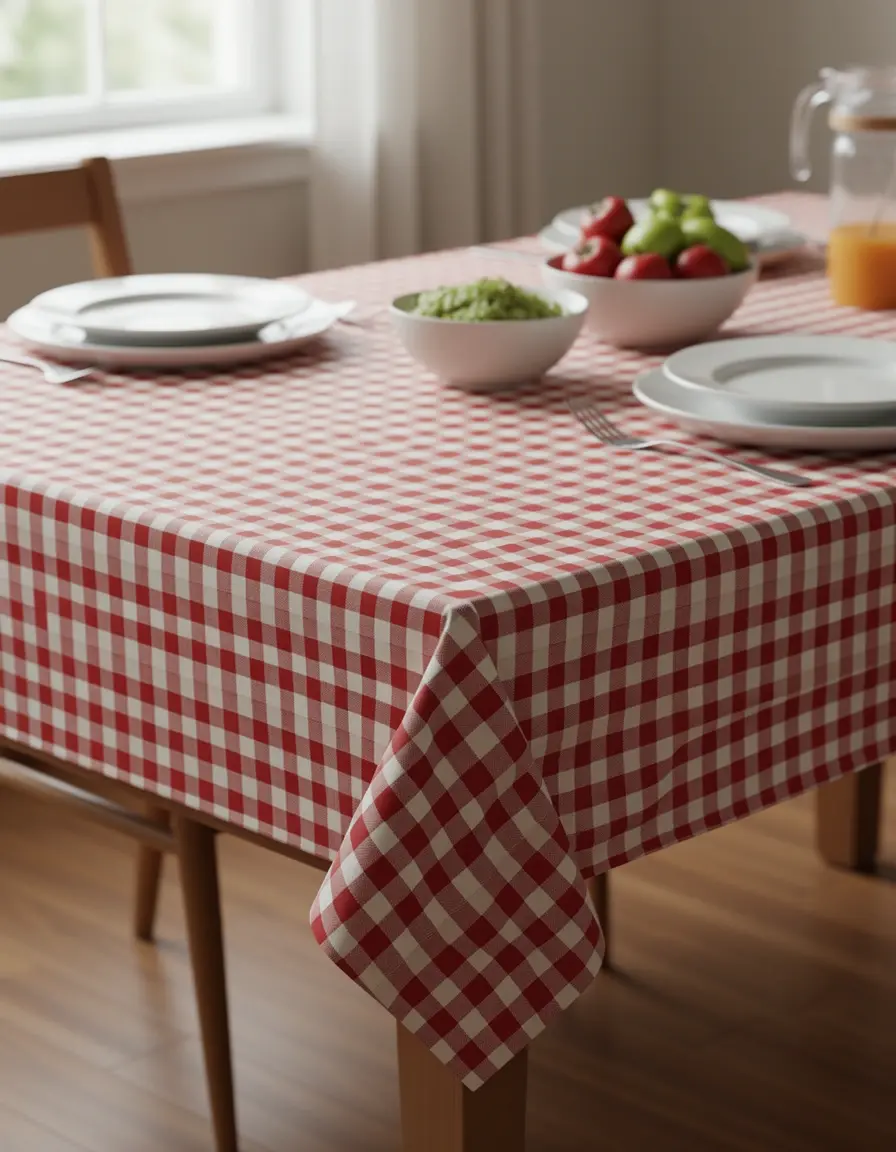 Mantel Gingham de cuadros sobre una mesa de madera rústica